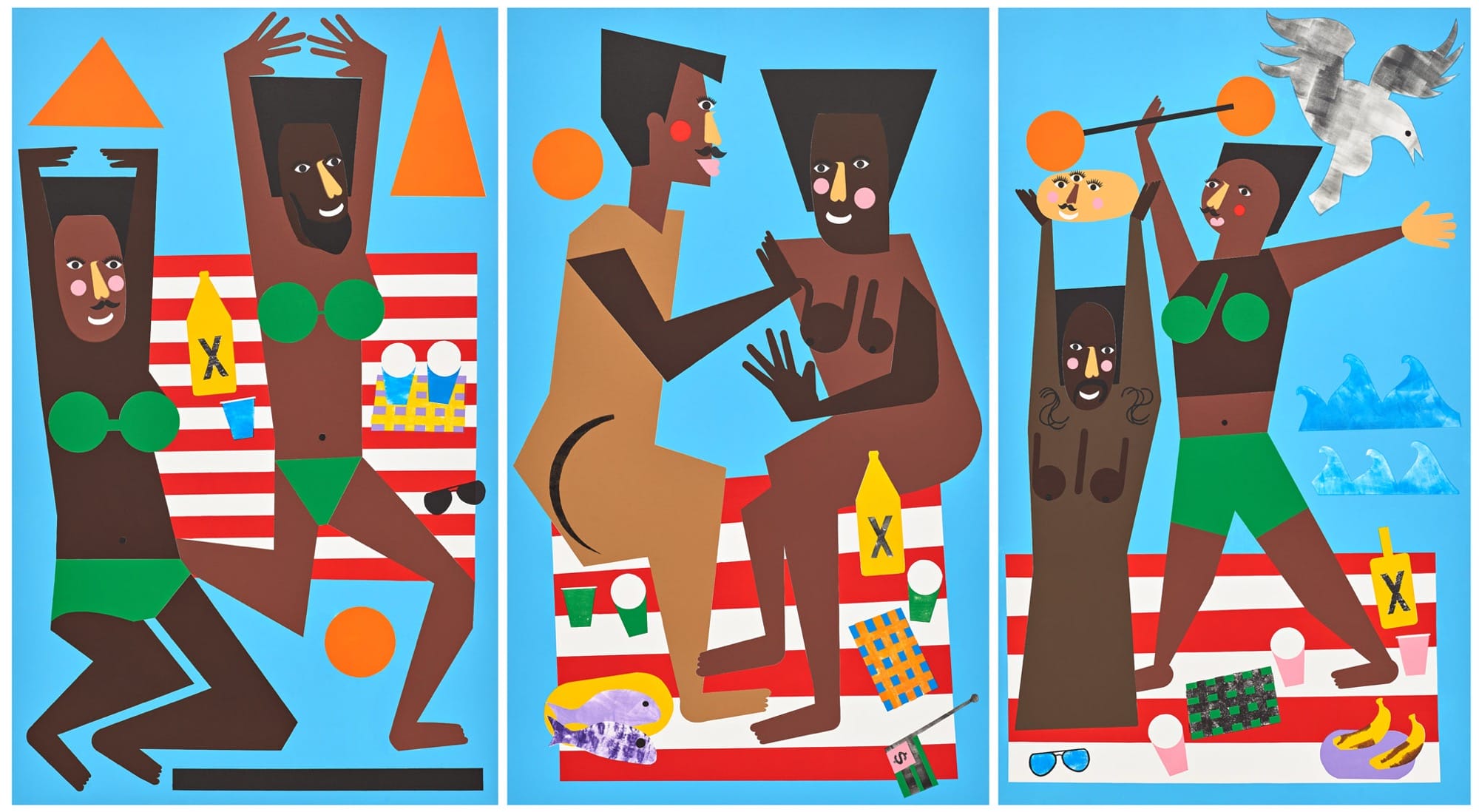 a triptych of Black people by Nina Chanel Abney