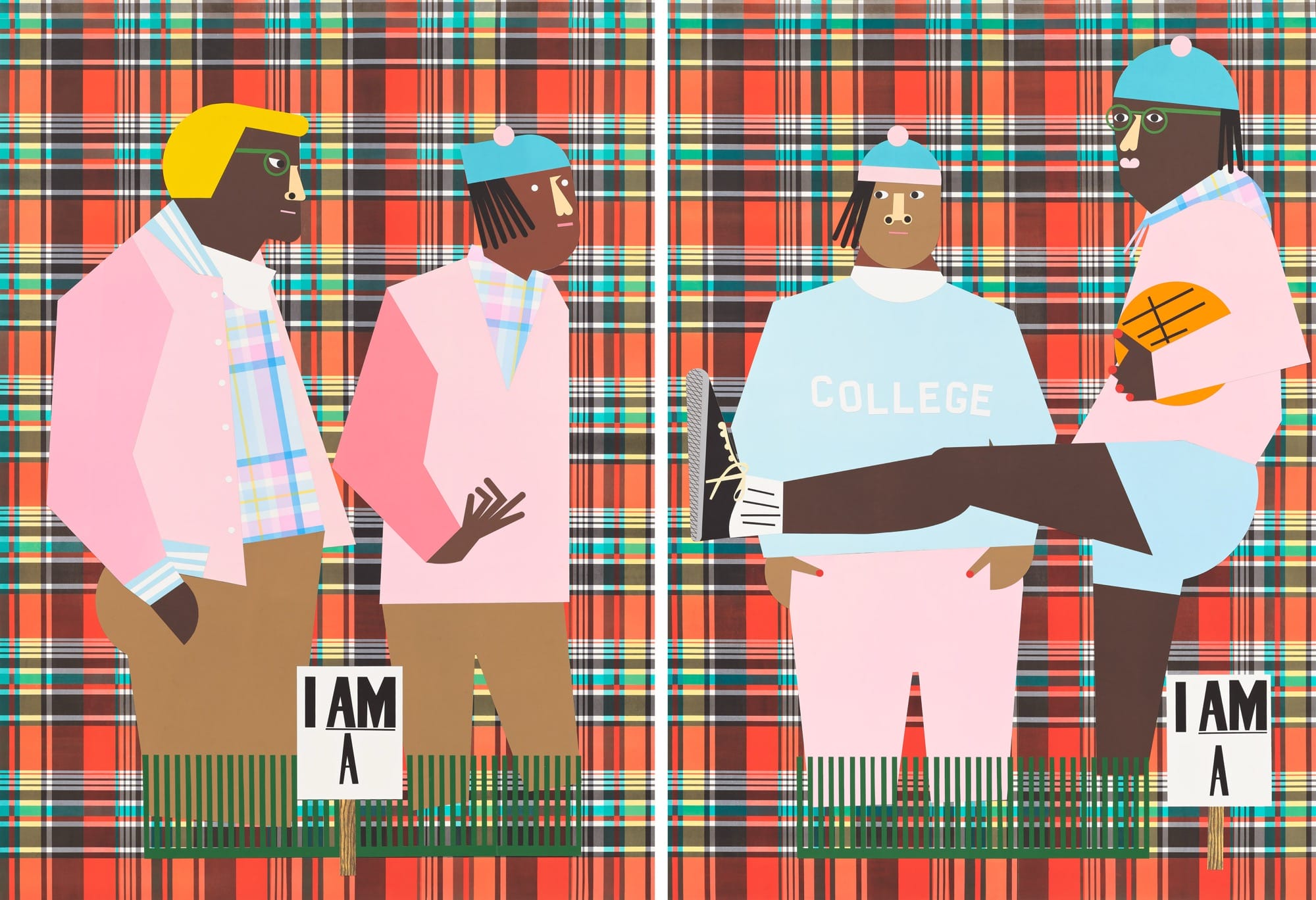 four men in preppy clothes gather on a plaid background in a work by Nina Chanel Abney